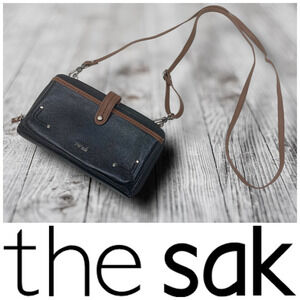 The Sak Black & Brown Leather Zip Around Continental Wallet with Crossbody Strap